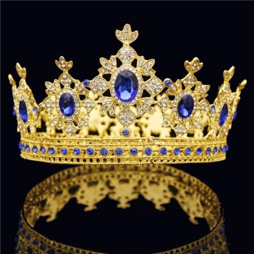 Gorgeous Vintage Baroque Gold Queen King Tiara Crown for Bridal Wedding Hair Jewelry Metal Blue Crystal Round Diadem Ornaments