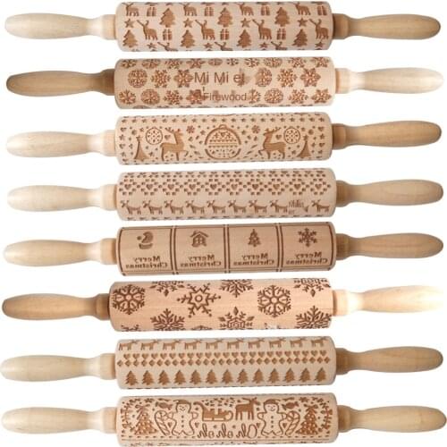Christmas Embossed Rolling Pin Wood Carved Cookies Biscuit Fondant Dough Baking Engraved Printed Roller Holiday Gifts embossed