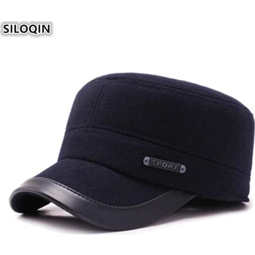 SILOQIN Winter Mens Earmuffs Hat Thick Warm Flat Caps Army Military Hats Snapback Cap Adjustable Head Size Middle-aged Dad Caps