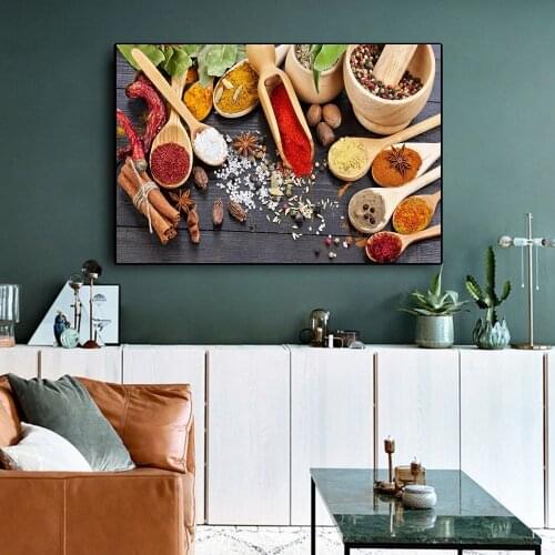 Grains Spices Spoon Vegetable Cooking Food Fruit Kitchen Canvas Painting Wall Art Painting for Living Room Home Decor (No Frame)
