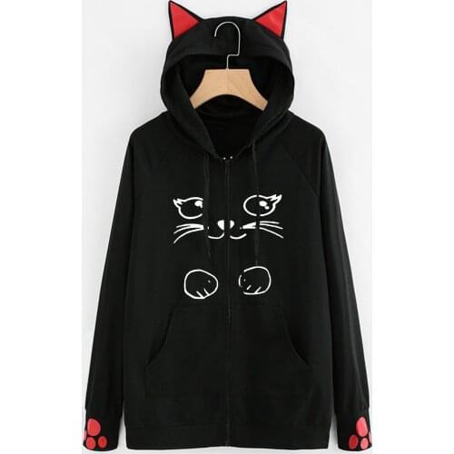 Women’s Cute Cat Printing Zip Up Hoodie With Red Ear Cap Autumn Fashion Casual Pocket Hoodies 2021 New Clothing Hoodie толстовка