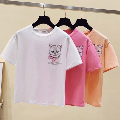 Woman tshirts harajuku cartoon cats Loose cute t shirt summer cotton Short Sleeve diamonds T-shirts Women casual white tops tees