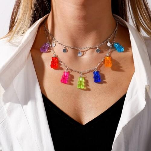 2021 Fashion Sequins Resin Gummy Bear Candy Color Necklace For Women Cute Colorful Animal Gummy Bear Double Layer Chain Necklace
