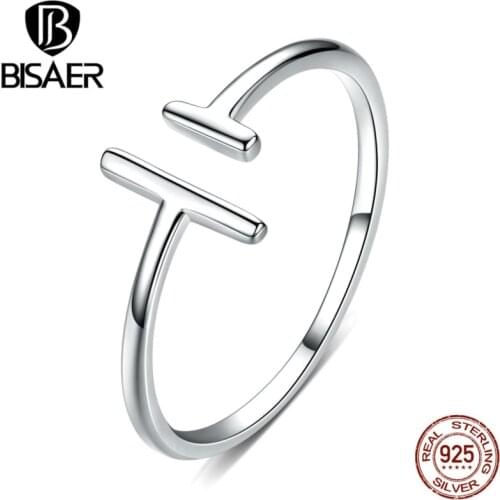 Simple Anel BISAER 925 Sterling Silver Geometric Finger Rings for Women Adjustable Open Size Women Rings Fine Jewelry ECR555