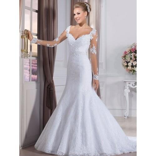 2016 Vestidos De Novia Sexy Mermaid V Neck Court Train Sheer Long Sleeve Lace Wedding Dresses Bridal Gown With Beadings VS01