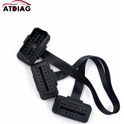 10pcs/lot Flat+Thin As Noodle OBDII OBD 2 OBD2 16 Pin ELM327 Male To Dual Female Y Splitter Elbow Extension Connector Cable