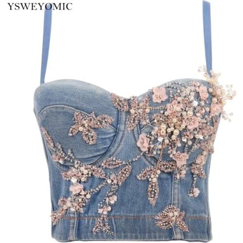 2021 Performance Costume Handmade Floral Beads Bustier Party Night Club Shiny Crop Top Denim Tank Tops Jeans Vest Bra For Stage