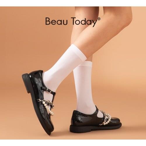 BeauToday Mary Janes Women Patent Leather Round Toe T-Strap Kawaii JK Flats Pearl Chain Metal Buckle Female Shoes Handmade 28254
