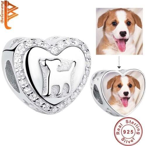 BELAWANG Wholesale Cute Pet Dog Bead 925 Sterling Silver Customize Photo Heart Charms Fit Original Bracelet DIY Jewelry Gift