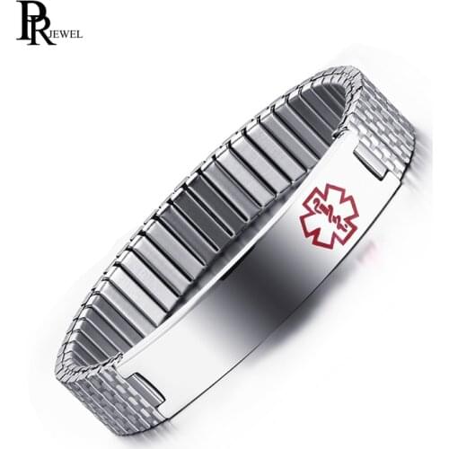 Free DIY Engraving Stainless Steel Medical Alert ID Stretch Bracelet for Men and Women with Customized
