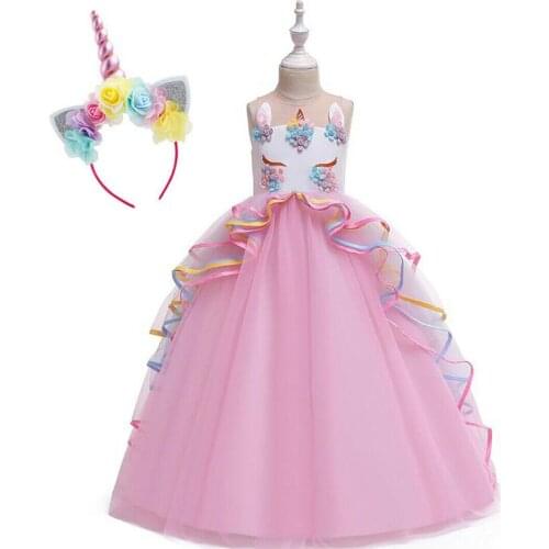 Kids Girls Unicorn Dress Baby Lace Flower Party Costume Headband Birthday Gifts