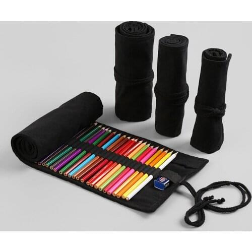 Black Color School Pencil Case Roll 12/24/36/48/72 Holes Pencilcase Canvas Large Pen Bag for Girls Boys Stationery Pouch