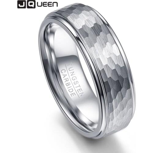JQUEEN 8MM Wide 2.3MM Thick Ground Hexagonal Pattern Tungsten Steel Ring Anniversary Mens Ring