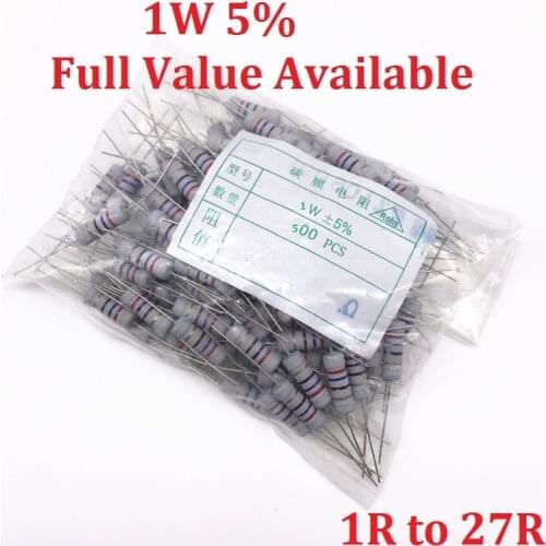 500PCS 1W Oxide Carbom Metal film Resistor 1R/2.2R/4.7R/5.1R/6.2R/6.8R/7.5R/8.2R/10R/12R/15R/18R/20R/22R/24R/27R/Ohm 5
