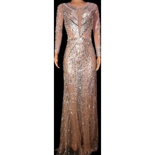 Fashion Rhinestone Screen Perspective Women Long Sleeves Round Collar Long Dress Party Prom Female Sexy Singer Stage Costumes
