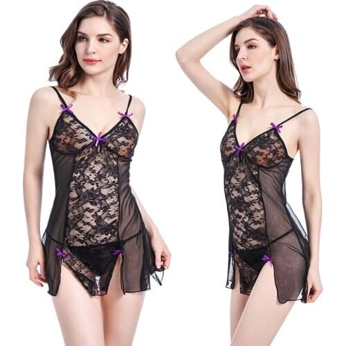 2018 Newly Women Sexy Lingerie Floral Lace Slips Sexy Perspective Bow Sling Pajamas Plus Size S-6XL