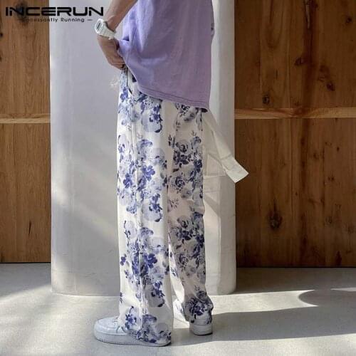 2021 New Men Korean Style Printed Pant Handsome Elastic Waist Floral Mens Stylish Loose Trouser Wide Leg Long Pant S-5XL INCERUN