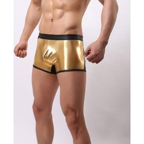 New Sexy Men Patchwork Metallic Boxer Shorts Faux Leather Shiny Male Underwear Bulge Erotic Lingerie Club Wear FX12