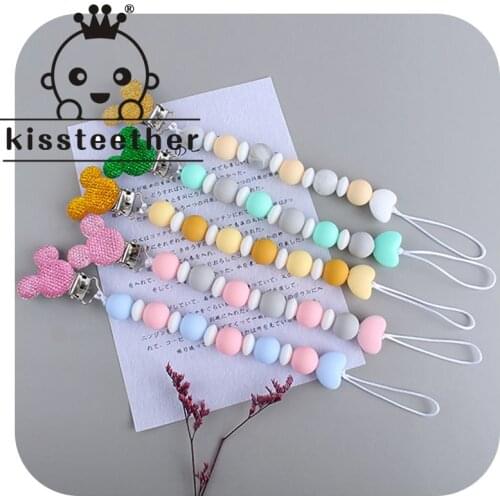 Kissteether Pacifier Chain Silicone Teething Beads BPA Free Mouse Metal Dummy Clip Newborn Baby Boy Girl Pendant Nursing Gift