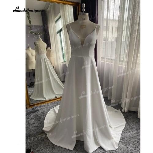 Simple A-Line Soft Satin Wedding Dresses 2021 V-Neck Sleeveless Lace Spaghetti Straps Hidden Skirt Pockets Backless Bride Gown