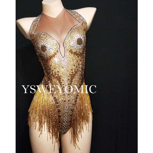 Gold Sexy Club Sparkly Crystals Leotard Tassel Bodysuit Dance Wear Womens Birthday Celebrate Short Performance Costume