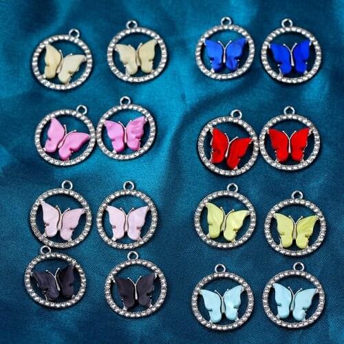 10Pcs Multicolor Acrylic Butterfly Round frame With Rhinestone Charms Pendants For DIY Jewelry Making Earring Accessory Supplies