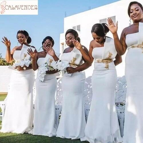 Satin White Bridesmaid Dresses Mermaid Gold Lace Appliques vestido de festa de casamento Maid of Honor Wedding Party Dress