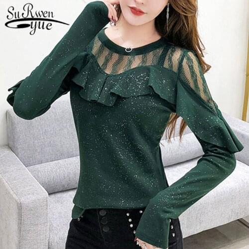 Blusas mujer de moda 2021 spring black long sleeve top Lace Ruffles Solid Slim plus size tops fashion korean top clothes 8410 50