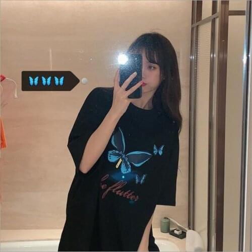 Butterfly Print T shirt Women Korean Style Short Sleeve Round Neck Woman T-shirt Cotton Spandex Tshirt Women