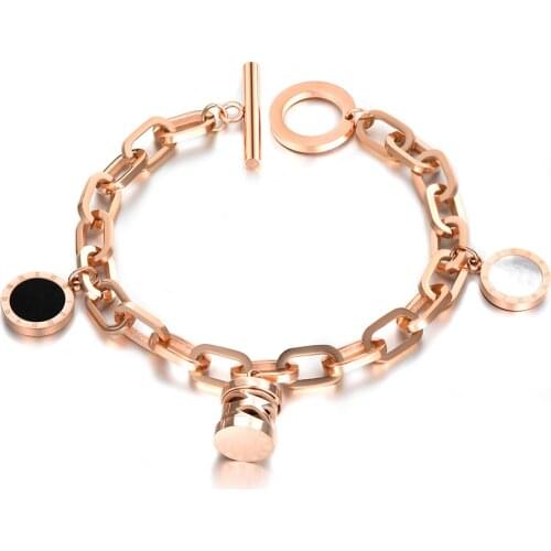 Stainless Steel Bracelets Bangles Classical Black & White Shell Round Roma Letter Link Chain Bangle Jewelry B18048