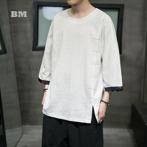Chinese Style Summer Linen Three Quarter Sleeve Short Sleeve T Shirt Men Plus Size Hanfu Traditional Dress Harajuku Tops Male