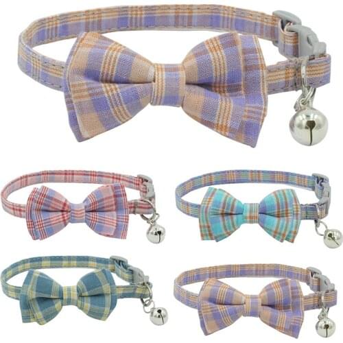 Plaid Dog Collar with Bell Summer Soft Removable Bow Tie Cat Collar Cute Girl Chien Collar Pet Puppy Accessories for Small Dogs