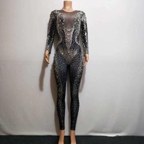2020 Black Rhinestones Pearls Jumpsuit Bar Dance Clothing Stretch Bodysuit Leggings Nightclub Female Singer Show Costume Outfit