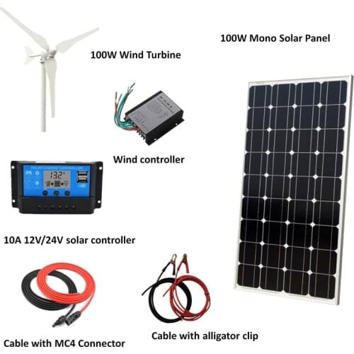 200W/H Hybrid System Kit: 100W Wind Turbine Generator+100W Mono Solar Panel+wind Controller+10A Solar controller+Accessories