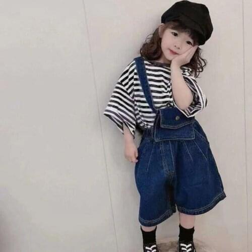 Boys And Girls Suit Striped Short-Sleeved T-Shirt + Twill Bag + Denim Pants Three-Piece 2021 New Summer Baby Kids Clothing Sets
