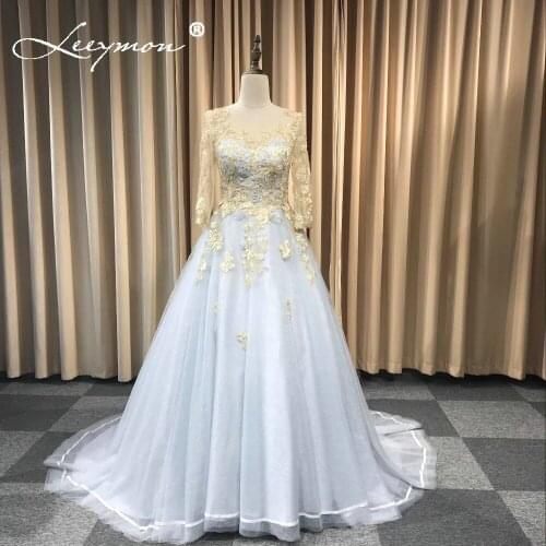 Leeymon Custom Made Light Blue Evening Dress long Elegant Appliques A-Line floor length Lace High End Evening Party Gown