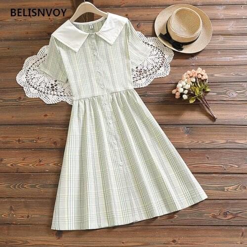 Mori Girl Summer Sundress Navy Blue Yellow Plaid Princess Dress Lace With Collar Mujer Vestidos Elegant Mesh Lady Sweet Dresses