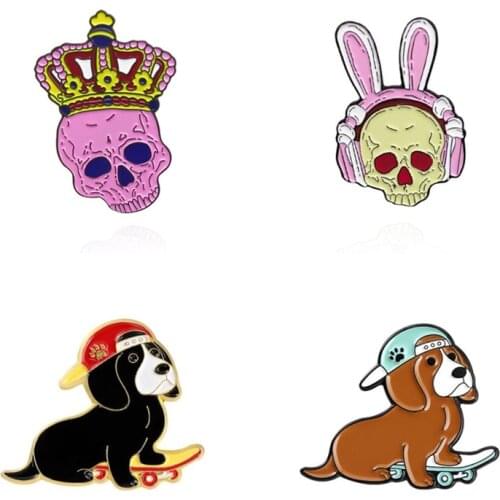 Cartoons Skateboard Puppy Lapel Pins Pink Skull Enamel Badges Fashion Anime Brooches For Women Cute Hijab Pins Brooch Jewelry