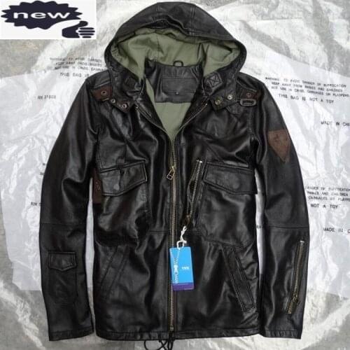 New Arrival Hooded Leather Men Sheepskin Flight Short Coats Black Casual Pilot Windbreaker Zipper Pockets Slim Fit Punk Style