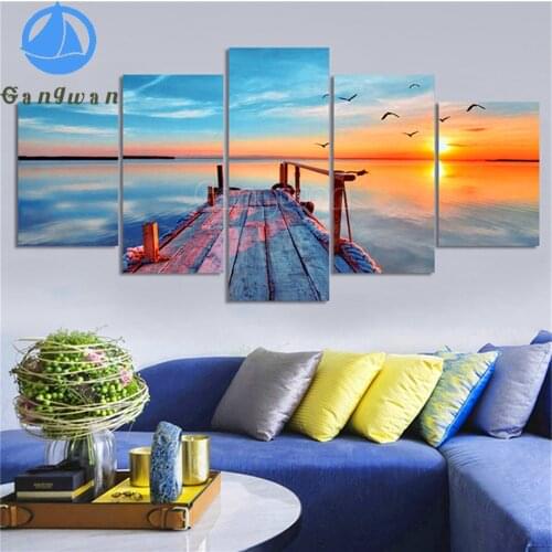 5pcs DIY Diamond Painting seascape sunset landscape cross stitch full square/round diamond mosaic embroidery wooden bridge birds