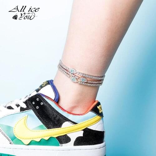ALLICEONYOU Blue Eye Anklet With 3mm Tennis Chain Iced Out Cubic Zirconia Womens Anklet Hip Hop Fashion Delicate Jewelry