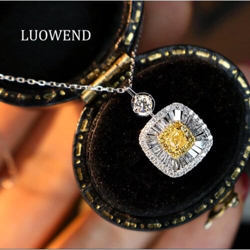 LUOWEND 100% Real 18K White Gold Pendant Necklace Trendy Square Design Natural Yellow Diamond Necklace for Women Wedding Party