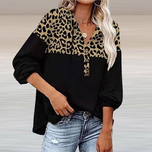 Office Elegant All-match Pullover Autumn New Fashion Loose V-neck Womens Tops Casual Leopard Print Stitching Long Sleeve Blouse