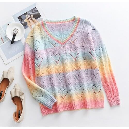 Autumn sweaters temperament commuter printing rainbow V-neck knitted pullover womens winter sweater women Hollow Out jumper