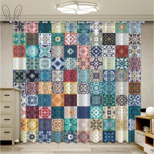 Colorful Floral Patchwork Tile Mosaic Mediterranean Square Curtains For Window Moroccan Style Living Room Bedroom Drapes