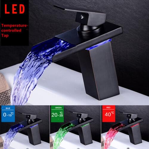 Waterfall Basin Faucet Black Oil Brushed Chrome Brass Faucets LED Vanity Vessel Sink Mixer Cold And Hot Water Tap Deck Mount Tap