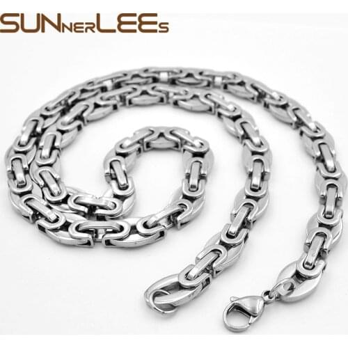 SUNNERLEES Jewelry Stainless Steel Necklace 10mm Box Byzantine Link Chain Silver Color Men Women SC16