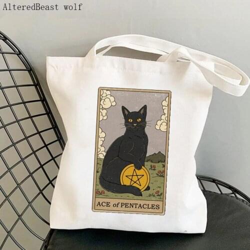 Women Shopper bag cat Ace of Pentacles Tarot Kawaii Bag Harajuku Shopping Canvas Shopper Bag girl handbag Tote Shoulder Lady Bag
