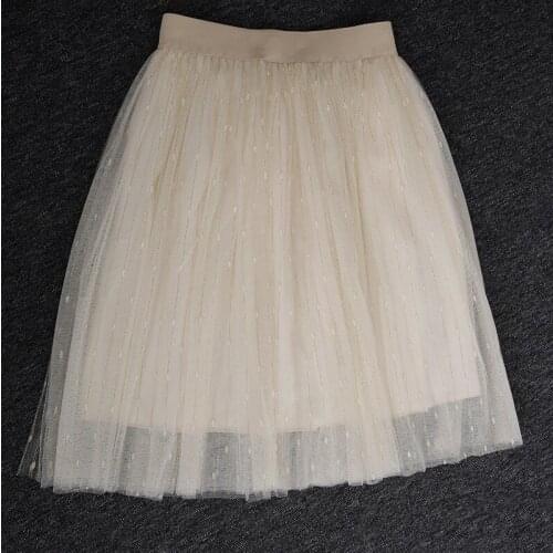 New Summer Casual Tulle Skirts Women 4 Layers 60cm High Waist Elastic Gold Dot Linen Tutu Pleated Skirt Jupe Longue Femme