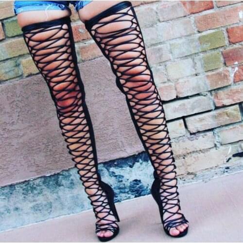 High Quality Women Sexy Open Toe Blue Beige Leather Over Knee Tassels Gladiator Boots Strap Cross Cut-out High Heel Long Boots